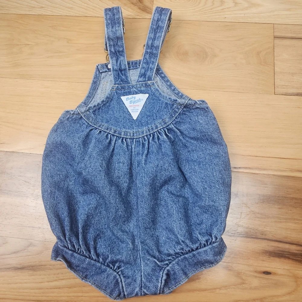 Vtg‎ Oshkosh Baby B’Gosh Girls Blue Jean Bib Overall Romper Size 18mos Pleated